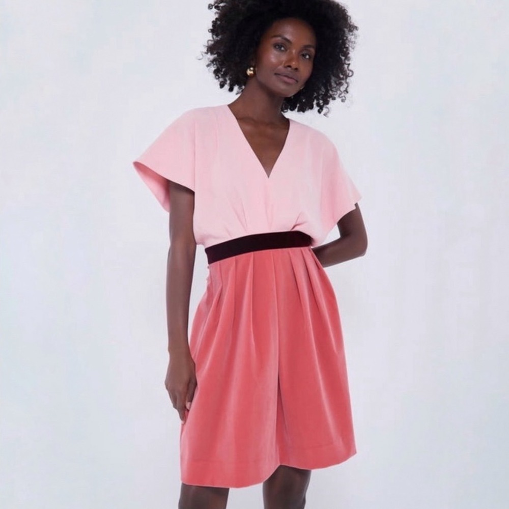 Pomander Place Pink Colorblock V-Neck Velvet Waist Mini Dress B1860 Womens L - Picture 2 of 16